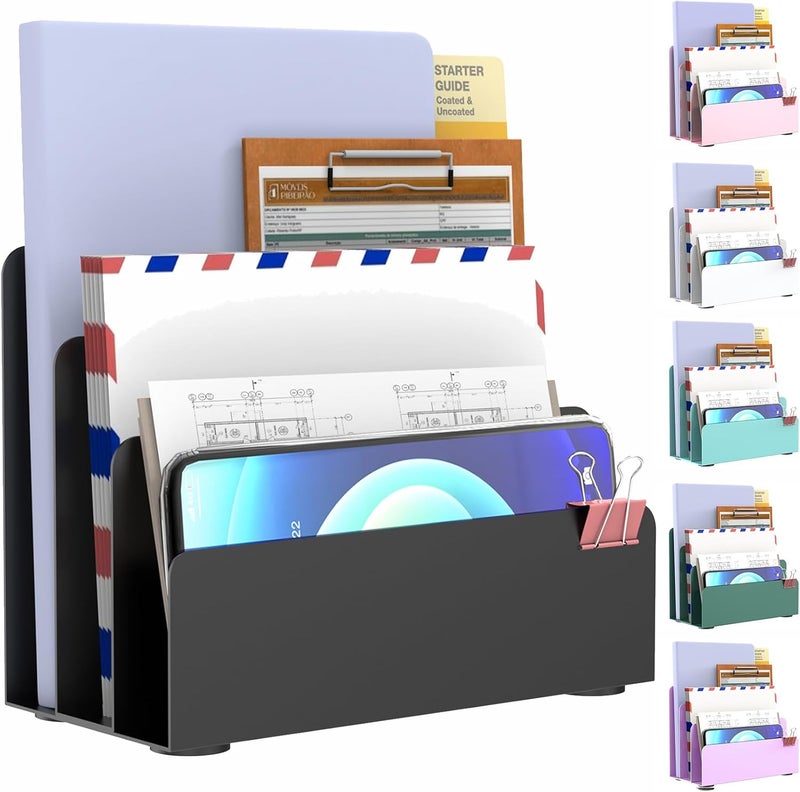 OUTIOE Mail Organizer Countertop, Small Desk File Organizer, Metal File Holder - Essential Workspace Organizers for Office Desk, Home Office (Black) - Image 1